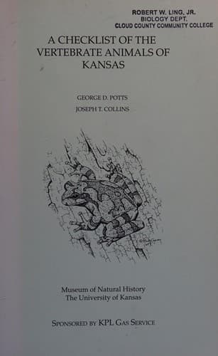 A checklist of the vertebrate animals of Kansas