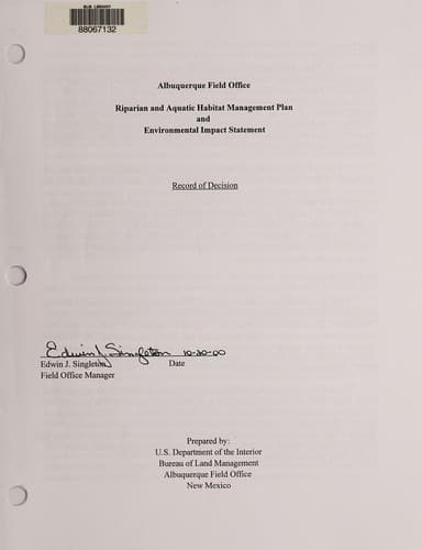 Albuquerque Field Office riparian and aquatic habitat management plan and environmental impact statement