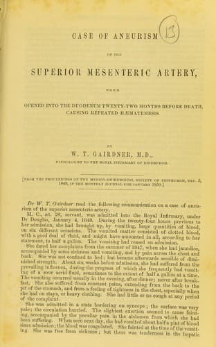 Case of aneurism of the superior mesenteric artery, which opened into the duodenum twenty-two months before death, causing repeated hæmatemesis