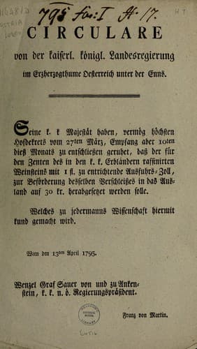 Circulare von der kaiserl. königl. Landesregierung im Erzherzogthume Oesterreich unter der Enns