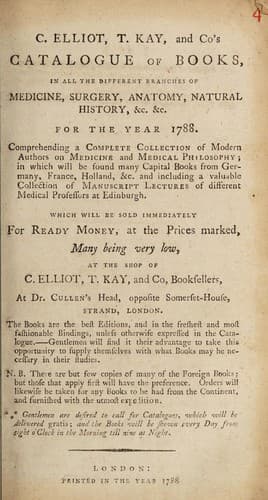 Catalogue of books in all the different branches of medicine, surgery, anatomy, natural history, etc. for the year 1788