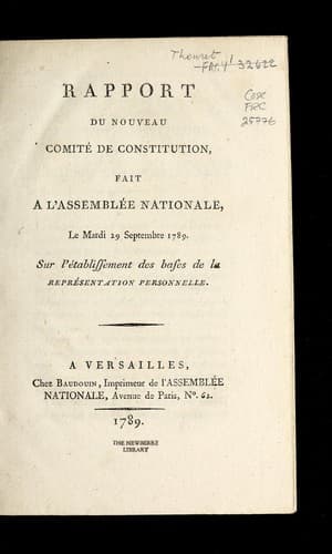 Rapport du nouveau Comite  de Constitution, fait a l'Assemble e nationale, le mardi 29 septembre 1789, sur l'e tablissement des bases de la repre sentation personnelle