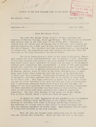 History of the pink bollworm work in the United States. San Antonio, Texas. June 30, 1935