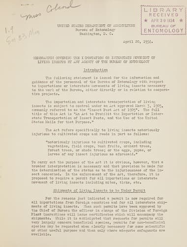 Memorandum covering the importation or interstate movement of living insects by any agency of the Bureau of Entomology