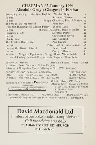 Cover image for Alasdair Gray (Chapman Magazine)