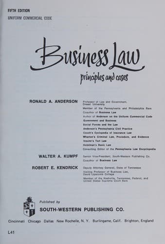 Cover image for Business law, principles and cases