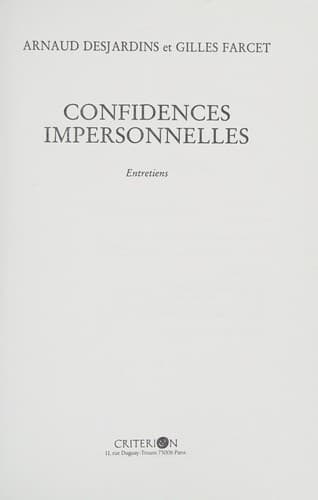 Cover image for Confidences impersonnelles
