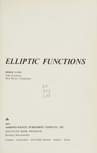 Cover image for Elliptic functions.
