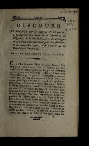 Discours prononce  par le citoyen A. Crassous, a   la Socie te  des amis de la liberte  & de l'egalite , a   La Rochelle, lors de l'inauguration d'un nouveau local pour les se ances, le 12 de cembre 1792, l'an premier de la Re publique franc ʹaise