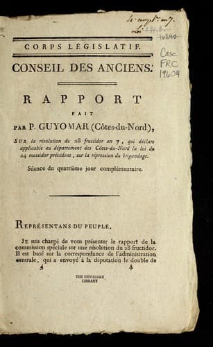 Rapport fait par P. Guyomar, (Co tes-du-Nord), sur la re solution du 28 fructidor an 7, qui de clare applicable au de partement des Co tes-du-Nord la loi du 24 messidor pre ce dent, sur la re pression du brigandage