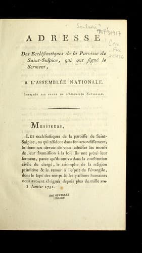 Adresse des eccle siastiques de la paroisse de Saint-Sulpice, qui ont signe  le serment, a l'Assemble e nationale
