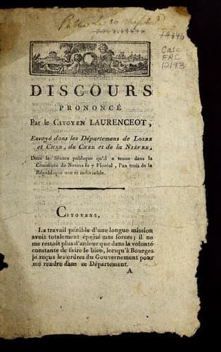 Discours prononce  par le citoyen Laurenceot, envoye  dans les de partemens de Loire et Cher, du Cher et de la Nie  vre