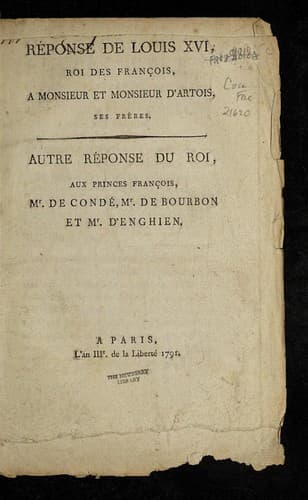 Re ponse de Louis XVI, roi des Franc ʹ ʹois, a Monsieur et Monsieur d'Artois, ses freres
