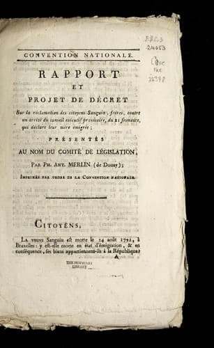 Rapport et projet de de cret sur la reclamation des citoyens Sanguin, fre  res, contre un arre te  du conseil exe cutif provisoire, du 11 frimaire, qui declare leur me  re e migre e