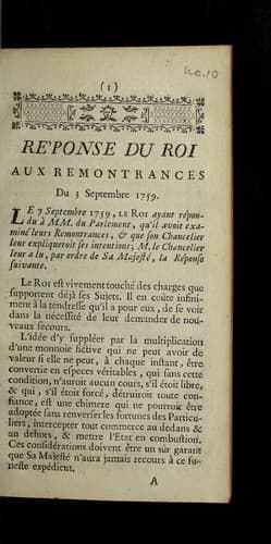 Re ponse du roi aux remontrances [du Parlement] du 3 septembre 1759