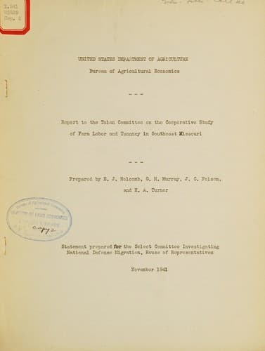 Report to the Tolan committee on the cooperative study of farm labor and tenancy in southeast Missouri