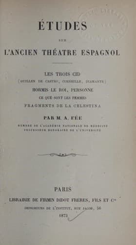 Etudes sur l'ancien theatre espagnol ... par M.A. Fee