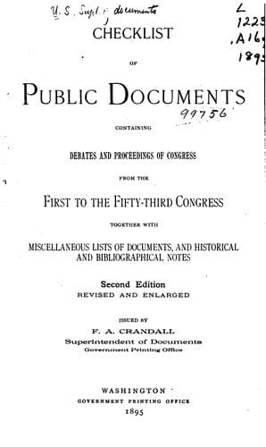 Checklist of public documents containing debates and proceedings of Congress from the First to the Fifty-third Congress