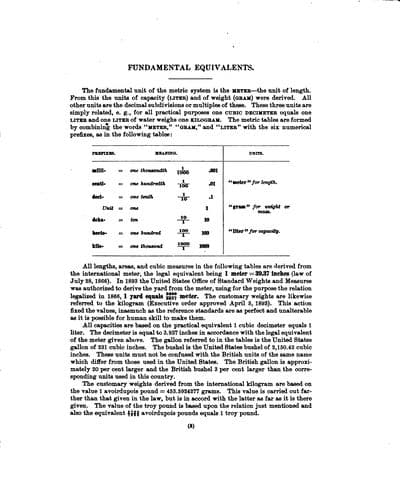 Tables of equivalents of the United States customary and metric weights and measures