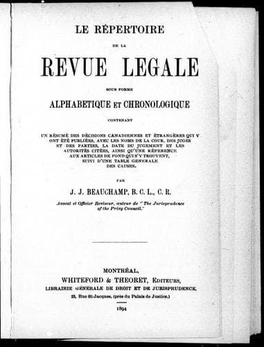 Le répertoire de la Revue légale sous forme alphabétique et chronologique