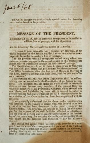 Message of the President, returning the bill (S. 130) to authorize newspapers to be mailed to soldiers free of postage, with his objections