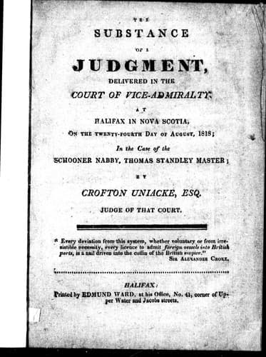The substance of a judgment delivered in the Court of Vice-Admiralty at Halifax, in Nova Scotia, on the twenty-fourth day of August 1818