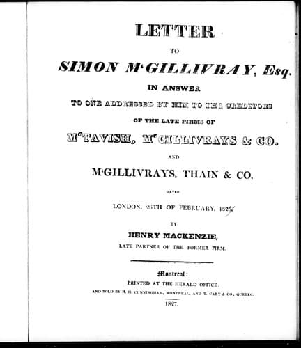 Letter to Simon M'Gillivray, Esq