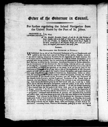 Order of the Governor in Council for further regulating the inland navigation from the United States by the port of St. Johns
