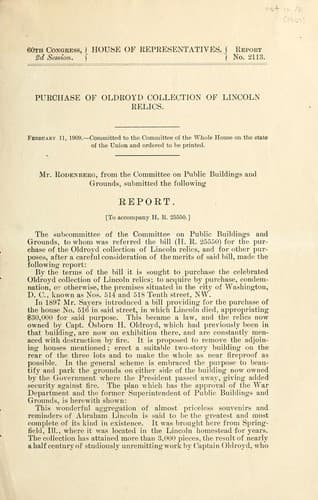 Purchase of Oldroyd collection of Lincoln relics ..