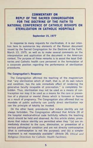 Commentary on Reply of the Sacred Congregation for the Doctrine of the Faith on sterilization in Catholic hospitals, Sept. 15, 1977