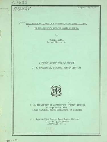 Wood waste available for conversion to ethyl alcohol in the Columbia area of South Carolina