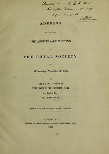 Address delivered at the anniversary meeting of the Royal Society, on Wednesday, November 30, 1836