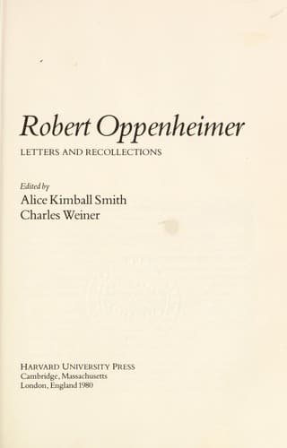 Cover image for Robert Oppenheimer, letters and recollections
