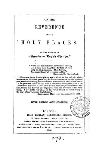 On the reverence due to holy places, by the author of 'Remarks on English churches'.