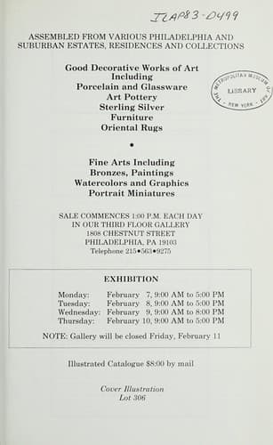Good decorative works of art including porcelain and glassware, art pottery, sterling silver, furniture, Oriental rugs; fine arts including bronzes, paintings, watercolours and graphics, portrait miniatures