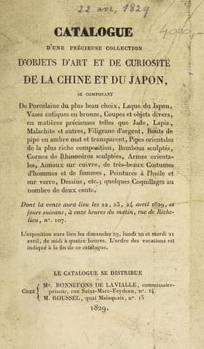 Catalogue d'une précieuse collection d'objets d'art et de curiosité de la Chine et du Japon