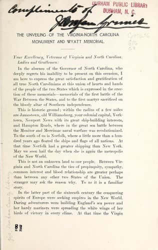 The unveiling of the Virginia-North Carolina Monument and Wyatt Memorial