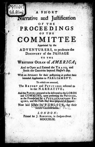 Cover image for A Short narrative and justification of the proceedings of the committee appointed by the Adventurers, to prosecute the discovery of the passage to the western ocean of America